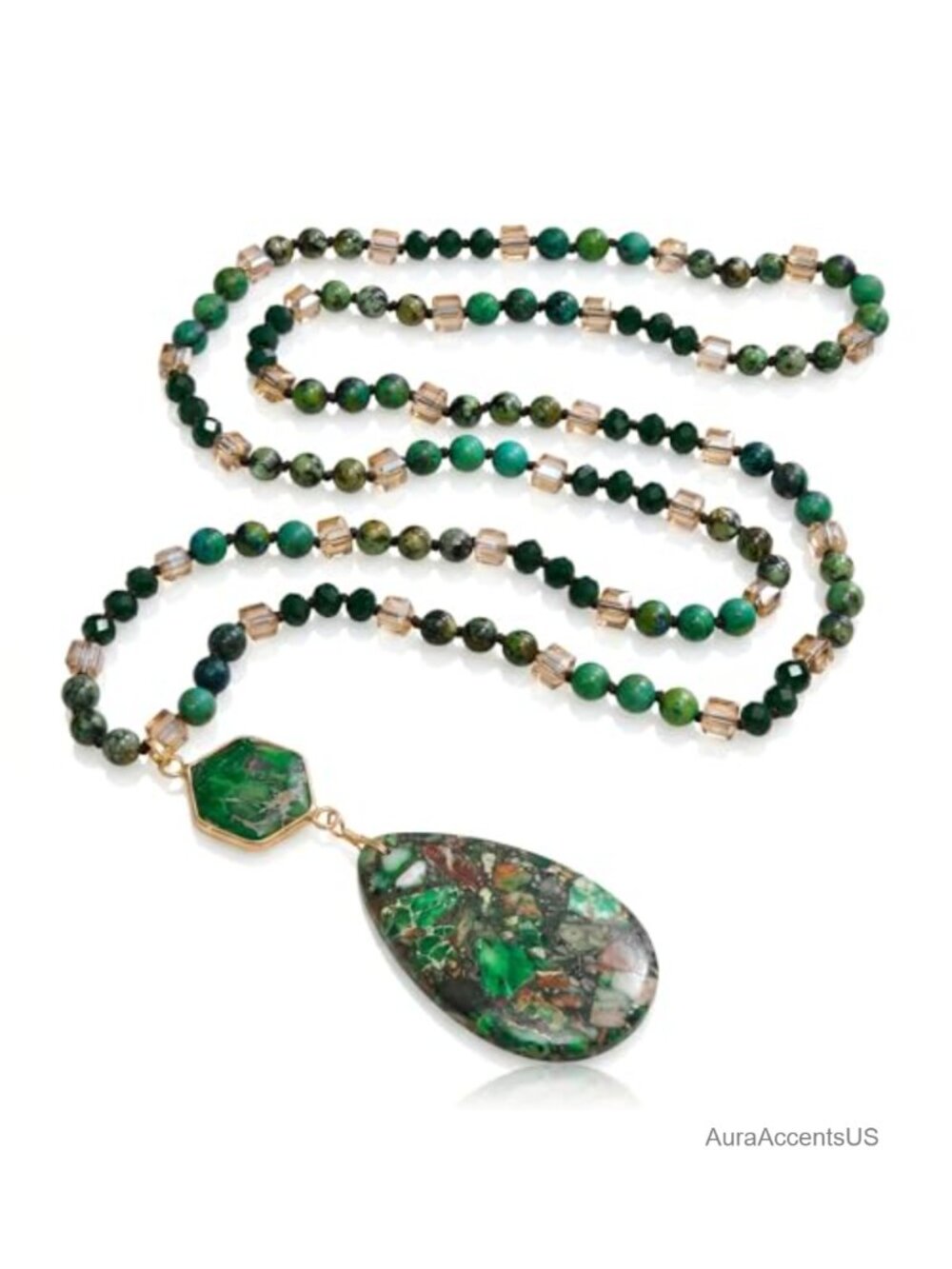 Long Beaded Necklace Women Boho Jade Stone Pendant Handmade 32-34"